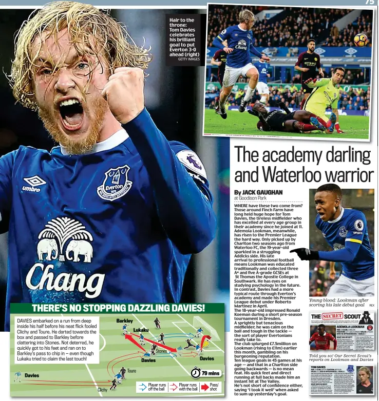  ?? GETTY IMAGES ?? Hair to the throne: Tom Davies celebrates his brilliant goal to put Everton 3-0 ahead (right)