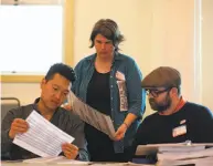  ?? Yalonda M. James / The Chronicle ?? Mike Chung (left), Lisa Claxton and Andrew Seko work at an Oakland polling place in March.