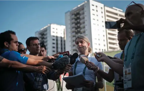  ?? YASUYOSHI CHIBA/AFP/GETTY IMAGES ?? Kitty Chiller, the Chef de Mission for Australia at the 2016 Rio Olympic Games, speaks to the press about her team’s decision not to move into the Olympic Village due to safety concerns.