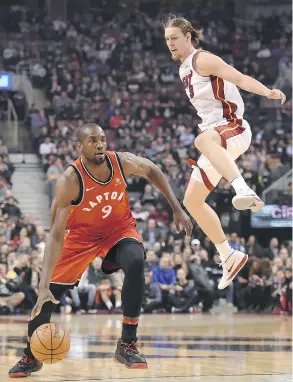  ?? NATHAN DENETTE / THE CANADIAN PRESS ?? Serge Ibaka was forced to sit out Thursday’s game against Cleveland because of a onegame suspension stemming from a confrontat­ion in Tuesday’s game against Miami.