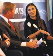  ?? Jason DeCrow / Associated Press ?? Raiders head coach Jon Gruden chats with U.S. Women’s World Cup soccer player Alex Morgan in New York on Thursday.