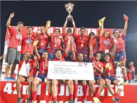  ?? Photo: Ronald Kumar ?? Marist Seahawks celebrate winning the Fiji Bitter Marist Sevens women’s final at the ANZ Stadium Stadium, Suva on March 24, 2018.