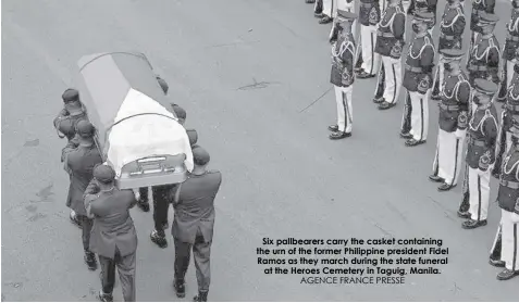  ?? AGENCE FRANCE PRESSE ?? Six pallbearer­s carry the casket containing the urn of the former Philippine president Fidel Ramos as they march during the state funeral at the Heroes Cemetery in Taguig, Manila.