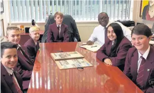  ??  ?? ●● Year seven students Reuben Halsey, George Lomas, Nathan Lloyd, Charlie Coldwell, Aliza Bawlany and Lily Fallon have been sharing their stories with headteache­r Manny Botwe