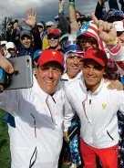  ?? AP ?? Winning feeling: Phil Mickelson takes a selfie with Rickie Fowler and the US fans on Sunday