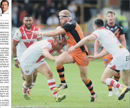  ?? PICTURE: TONY JOHNSON ?? READY TO TURN THE TABLES: Castleford’s Oli Holmes charges St Helens duo Jon Wilkin and Ryan Morgan in the recent Challenge Cup encounter, which the visitors won 36-18 at Wheldon Road.