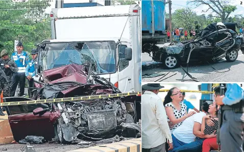  ?? FOTOS: EL HERALDO ?? (1) En el turismo color vino viajaban Héctor Palada y su ayudante Héctor Martínez; ambos murieron. (2) En el turismo negro iba Maribel Gutiérrez, quien también pereció en el percance. (3) Familiares de Héctor Palada no podían creer lo sucedido.