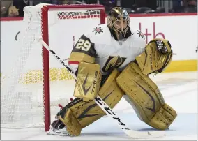  ?? DAVID ZALUBOWSKI - THE ASSOCIATED PRESS ?? FILE - Vegas Golden Knights goaltender Marc-Andre Fleury plays in the second period of Game 5of an NHL hockey Stanley Cup second-round playoff series against the Colorado Avalanche in Denver, in this Tuesday, June 8, 2021, file photo.