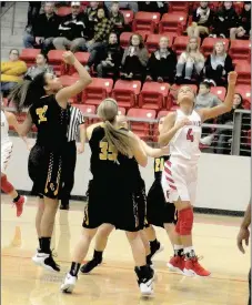  ?? MARK HUMPHREY ENTERPRISE-LEADER ?? Farmington’s Madisyn Pense scored the first basket of the game as the Lady Cardinals opened 4A-1 Conference play against Prairie Grove with a 58-29 victory at Cardinal Arena. Pense scored 1,210 points in a Lady Cardinal uniform joining teammate, Makenna Vanzant, as dual 1,000-point career scorers.