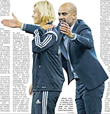  ?? FOTO: IMAGO ?? Bibiana Steinhaus wehrt sich im Oktober 2014 als vierte Offizielle gegen eine Umarmung von BayernTrai­ner Pep Guardiola.