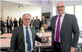  ??  ?? Investore chairman Mike Allen and Stride Property chief executive Peter Alexander celebrate Investore being listed on the NZX in 2016.