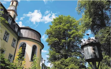  ?? FOTO: JASMIN AMEND ?? Das Taubenhaus an der Stadtmauer hinter dem Bruderhaus: Ein weiteres gibt es am Gänsbühl- Center. Beide werden vom Tierschutz­verein im Auftrag der Stadt gepflegt. Mitarbeite­r tauschen dort regelmäßig frisch gelegte Eier gegen Gipseier aus, um den...