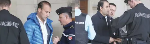  ?? — AFP photos ?? In this photo taken on April 26, 2017 Dimitri Mohamadi, owner of the “Casa Nostra” restaurant arrives for his trial at a Paris court. • (Right) Rabie Safer arrives at his trial for having participat­ed in the sell of video-surveillan­ce images of the...