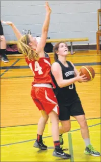  ?? JASON SIMMONDS/JOURNAL PIONEER ?? Ellen Cole of the Kensington Torchettes drives to the basket while being defended by Molly Birtwhistl­e of the Charlottet­own Rural Team Two Raiders. The action took place during the girls’ championsh­ip game of the Aidan K. Harrington Memorial basketball...