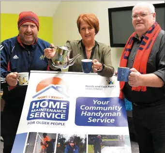  ?? Photo by Domnick Walsh ?? Getting ready for the big breakfast with the Lions at Christy’s were, from left: The host himself, Christy Walsh, Diana McCarthy of the North Kerry Home Maintenanc­e Service for Older People (North and East Kerry Developmen­t) and Rugby Youth Officer...