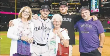  ?? Courtesy of Sarah Sachs, Arizona Diamondbac­ks ?? From left to right: Marjie Hampson, Garrett's mother; Garrett Hampson; his grandmothe­r Maureen Hampson; his brother Colton Hampson; and father Chris Hampson.