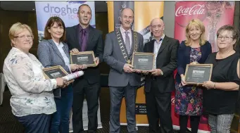  ??  ?? Tina Kearney, Mairead Davis , Moneymore, Barry Eaton Louth County Council, Mayor Pio Smith , Noel Carter Moneymore , Aishling Sheridan Louth County Council and Marie Russell being presented with a Special Award