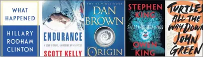  ?? AP PHOTO ?? This combinatio­n photo shows upcoming releases, from left, “What Happened” by Hillary Rodham Clinton, “Endurance: A Year in Space, A Lifetime of Discovery” by Scott Kelly, “Origin” by Dan Brown, “Sleeping Beauties” by Stephen King and Owen King and...