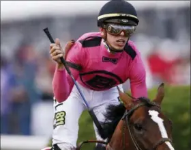  ?? PATRICK SEMANSKY — THE ASSOCIATED PRESS ?? War of Will, ridden by Tyler Gaffalione reacts after crossing the finish line to win the Preakness Stakes horse race at Pimlico Race Course, Saturday in Baltimore.