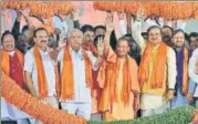  ?? ARIJIT SEN/HT PHOTO ?? Uttar Pradesh CM Yogi Adityanath with Karnataka BJP leaders at the Parivartan rally in Bengaluru on Sunday.