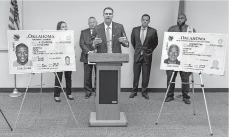  ?? [CHRIS LANDSBERGE­R/ THE OKLAHOMAN] ?? Gov. Kevin Stitt speaks about Oklahoma's REAL ID in a 2019 press conference. Users of Oklahoma's mobile ID app can now upload the necessary documents to their app before applying for a REAL ID.