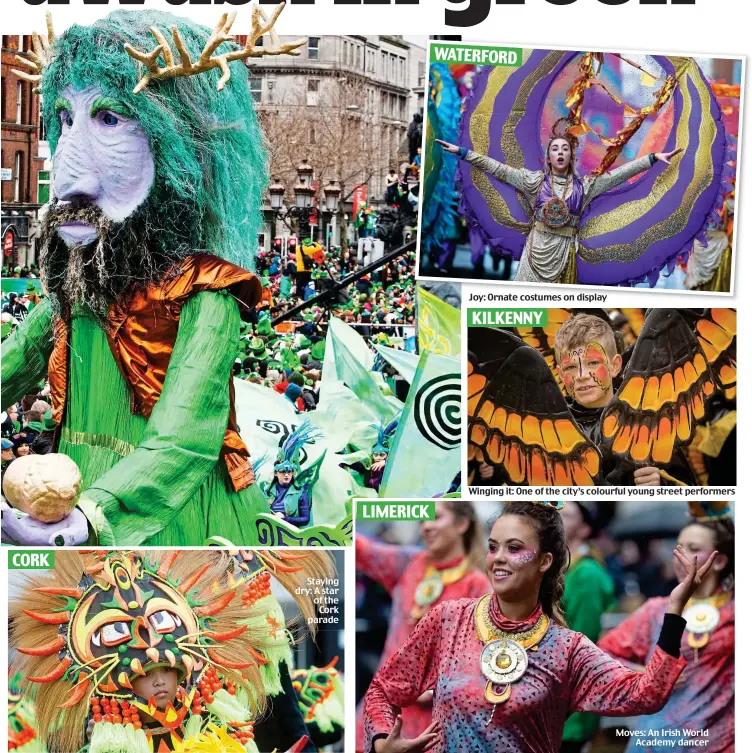  ??  ?? Joy: Ornate costumes on display Winging it: One of the city’s colourful young street performers Moves: An Irish World Academy dancer