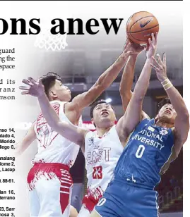  ?? JOEY MENDOZA ?? Warriors Rey Mark Acuno (left) and Alvin Pasaol team up to beat NU Bulldog Shaun Ildefonso to the rebound in their UAAP game yesterday at the Mall of Asia Arena.