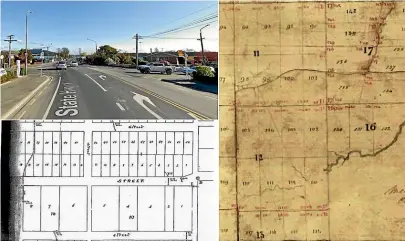  ??  ?? State Highway 1 (Street in capital letters on the bottom map) does a kink at its Springfiel­d Rd intersecti­on, marked as point D. The plan on the right is part of James Drake’s survey work in Milton in 1847. The kink existed even back then.