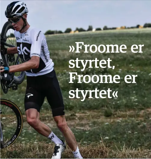  ??  ?? Chris Froome forsøger at komme tilbage på vejen efter et styrt kort før mål på første etape. Froome endte med at sætte 51 sekunder til i forhold til Jakob Fuglsang. 100
0
0