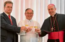  ??  ?? Hungary Ambassador Jozsef Bencze, Foreign Affairs Secretary Teodoro Locsin Jr., Dean of the Diplomatic Corps Archbishop Gabriele Caccia