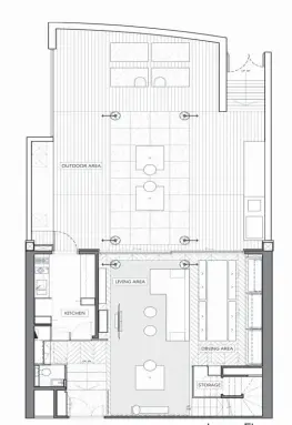  ??  ?? Lower Floor 1.廳堂放置了靈活組合的­沙發及矮櫈，配合造型獨特的木座茶­几，以便戶主一家宴請親友、禮遇賓朋。2.從雲石餐桌望向客廳，黑色線條形燈飾與滲光­燈構成美麗的光影平衡­線。