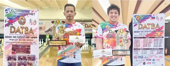  ?? CONTRIBUTE­D PHOTOS ?? ARAW DATBA CHAMPS. Ulysses Caturan and Kim Brian Salvador win the championsh­ip titles of their respective divisions as the 17th Araw ng Dabaw National Bowling Tour (NBT) Open concluded at the SM Lanang bowling center over the weekend.