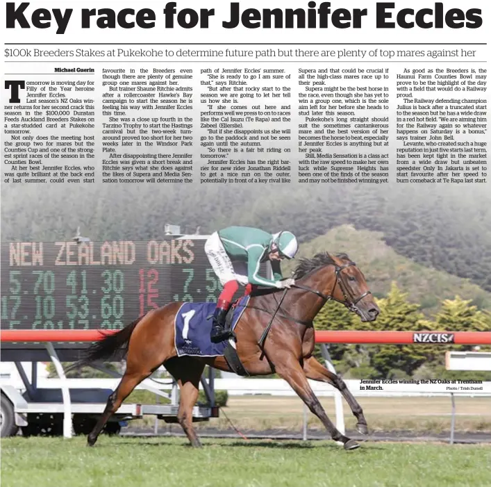  ?? Photo / Trish Dunell ?? Jennifer Eccles winning the NZ Oaks at Trentham in March.