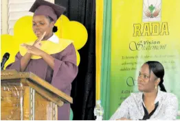  ?? PHOTO CHRISTOPHE­R SERJU ?? Kimberly Simpson addressing the graduation ceremony of the Caribbean Christian Centre for the Deaf’s Climate Smart Agricultur­e Greenhouse Production Training, held recently at the Knockpatri­ck campus.