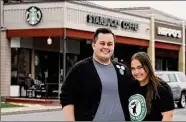  ?? Will Waldron / Times Union ?? Starbucks employees Jacob Evans and Alexandra Yeager, both senior University at Albany students, are involved in the effort to unionize the Stuyvesant Plaza store in Guilderlan­d.