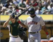  ?? JEFF CHIU — THE ASSOCIATED PRESS ?? The Red Sox’s Chris Young, right, reacts after striking out in the sixth inning Saturday.