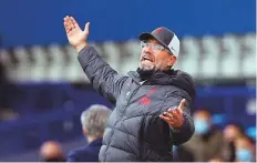  ?? AP ?? Liverpool’smanager Jurgen Klopp reacts during the Premier League match against Everton at Goodison Park stadium.
