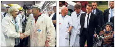  ?? (Photos MaxPPP/AFP) ?? Marine Le Pen a visité, tôt hier matin, le marché de Rungis. Emmanuel Macron a visité l’hôpital de Garches.