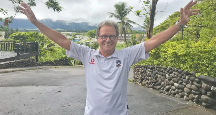  ?? Photo: ?? Vodafone Fijian football coach Flemming Serritslev celebrates at the Tanoa Apartments in Nadi on May 5, 2020.
Waisea Nasokia