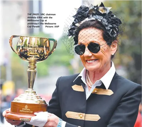  ??  ?? THE PRIZE: VRC chairman Amanda Elliot with the Melbourne Cup at yesterday’s the Melbourne Cup Parade. Picture: AAP
