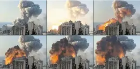  ?? — AFP ?? this composite of pictures created from ugc footage, taken and filmed from a highrise, shows a fireball exploding while smoke is billowing at Beirut’s port last year.