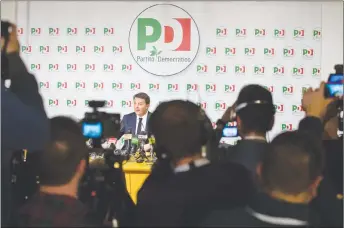  ?? AP PHOTO ?? Democratic Party leader Matteo Renzi speaks in Rome during a news conference on the election results. Italy’s expremier says his centre-left party will not join any government led by the anti-immigrant League party or the populist 5-Star Movement, the...