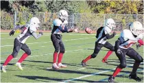  ?? SPECIAL TO THE EXAMINER ?? KMFL Senior Redblacks quarterbac­k Andrew Goode receives the snap with running backs Ben Gorniak and Ian Lacey digging in while Roberto Salgado-Scott provides protection Saturday.