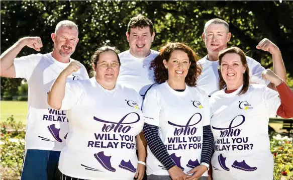  ?? Photo: Nev Madsen ?? READY TO RELAY: Gearing up for 2018 Toowoomba Relay for Life this weekend are (back, from left) Mark, Paul and Chris Pomfrett, and (front, from left) Jenny Pomfrett, Tanya Kuss (nee Pomfrett) and Karen Pomfrett.