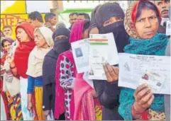  ?? PT ?? Women queue up at a polling booth in Amethi during the fifth phase of Assembly elections in Uttar Pradesh on February 27.