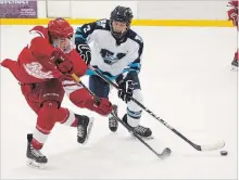  ?? JULIE JOCSAK THE ST. CATHARINES STANDARD ?? Denis Morris’ Parker Hendsbee, left, fires the puck past A.B. Lucas’ Spencer Cradduck in preliminar­y-round Ontario Federation of School Athletic Associatio­n (OFSAA) action Wednesday.