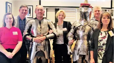  ??  ?? Knights Andrew McKinnon (left) and Phillip Leitch told guests at a Baw Baw shire tourism promotion in Melbourne on Thursday the many things to expect when the world jousting championsh­ips and medieval village come to Lardner Park in June. Shire councillor­s keen to find out more were, from left, Jessica O’Donnell, Michael Leaney, mayor Mikaela Power, Keith Cook and Tricia Jones.