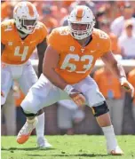  ?? STAFF PHOTO BY ROBIN RUDD ?? Tennessee offensive lineman Brett Kendrick (63), a fifth-year senior, said the Vols take pride in their series success against Kentucky. The Vols take on the Wildcats tonight in Lexington.