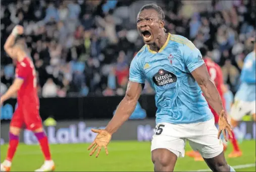  ?? ?? Joseph Aidoo celebra el gol del empate anotado en el último minuto contra el Getafe en Balaídos.