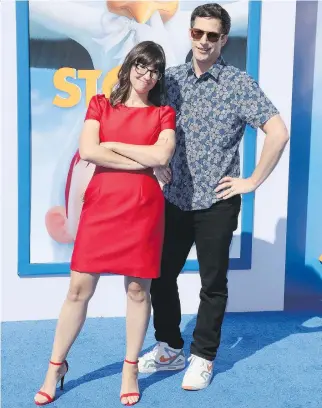  ?? JEAN BAPTISTE LACROIX/AFP/GETTY IMAGES ?? Katie Crown and Andy Samberg attend the Warner Bros. première of Storks in Westwood, Calif. “I found my inner stork by looking in the mirror,” Samberg says.